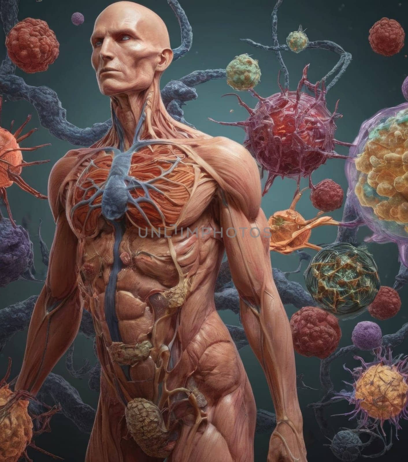 AI generated illustration of the human anatomical body, featuring detailed fragments of anatomy and microbiology, showcasing the intricate relationship between the two fields