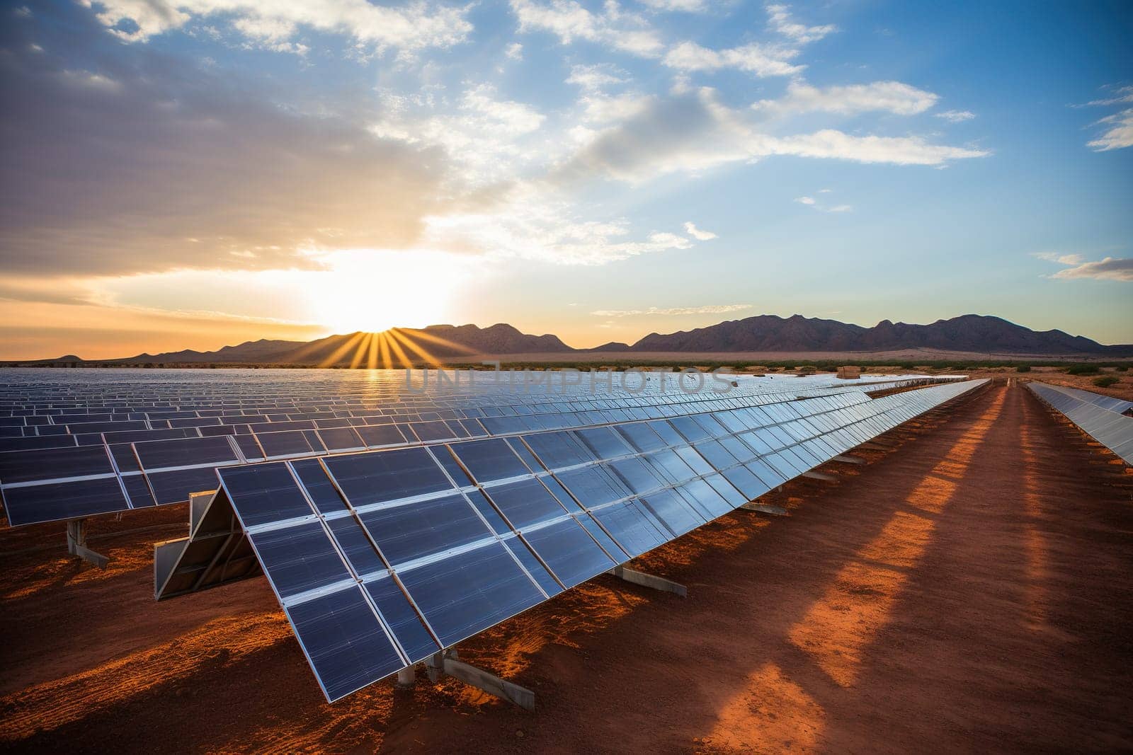 A large park of solar panels on a deserted sandy area. Solar energy concept.