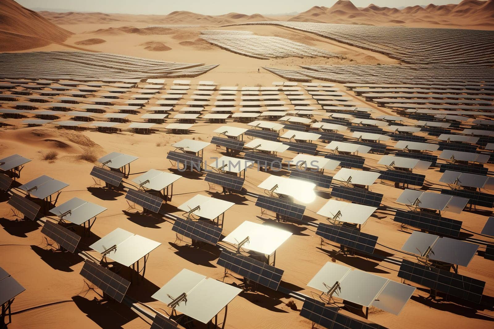 A large park of solar panels on a deserted sandy area. Solar energy concept.