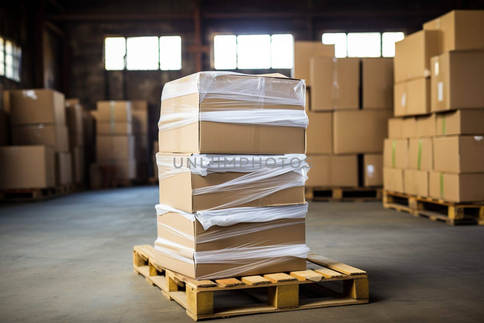 Large warehouse with piles of cardboard boxes and papers. Waste paper collection, garbage recycling concept. Generated by artificial intelligence