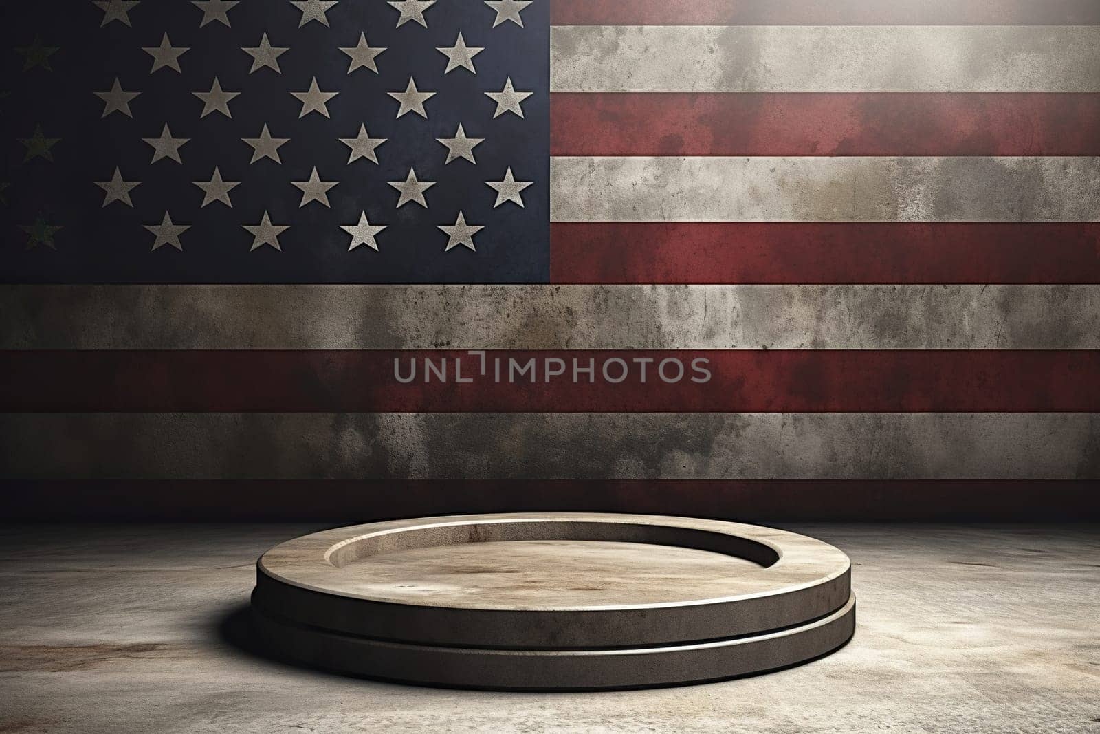 A round concrete podium against a wall with a US flag.