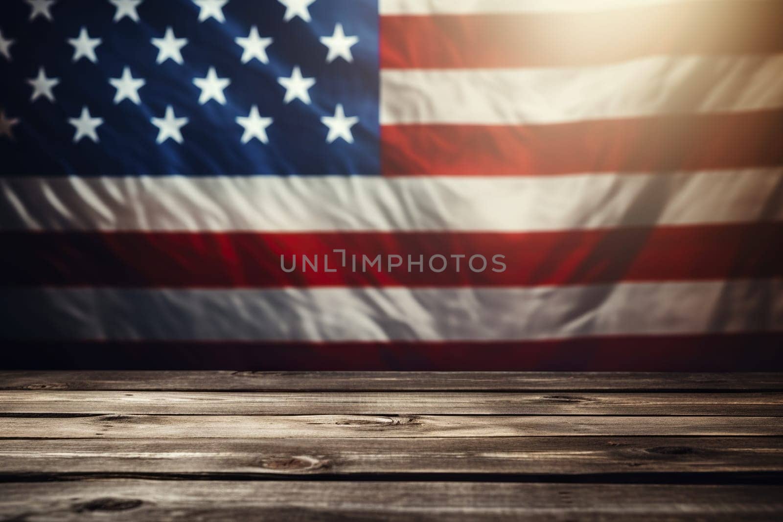 Wooden tabletop with a blurred USA flag background.