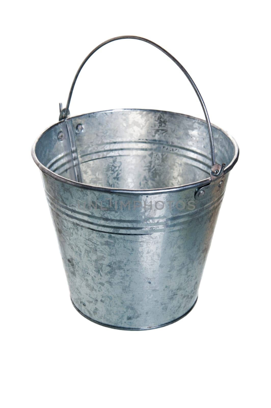 The empty zinced bucket a close up is isolated on white