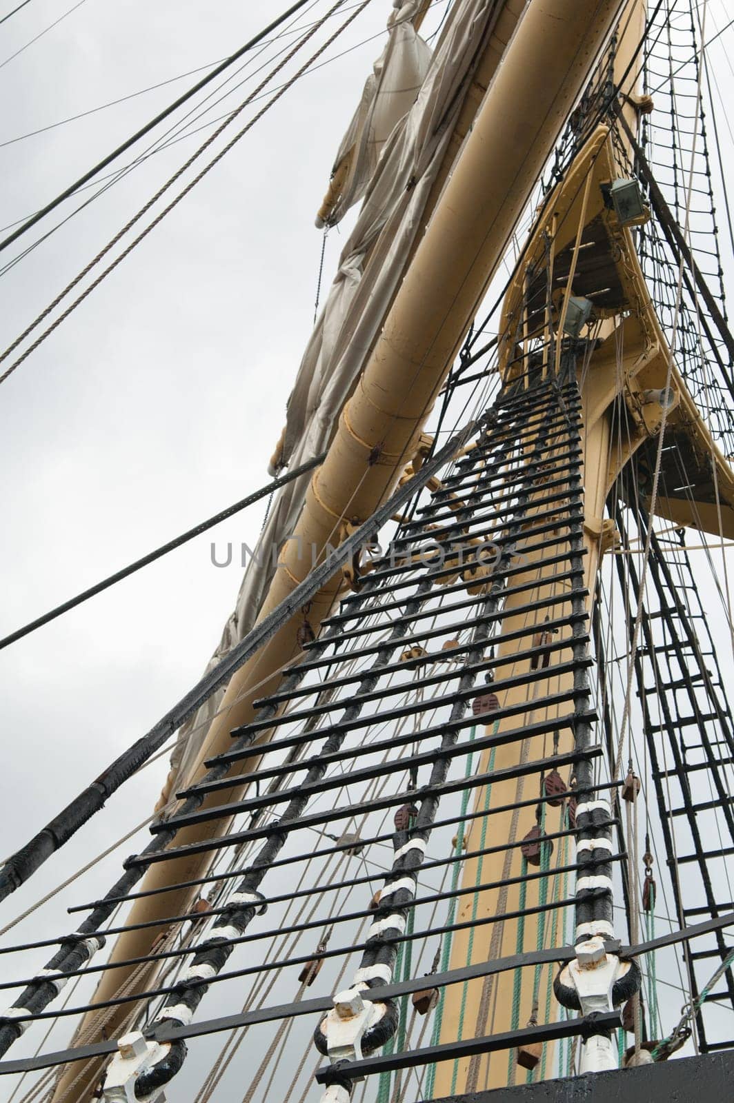 Old sailing ship masts and sails and rigging