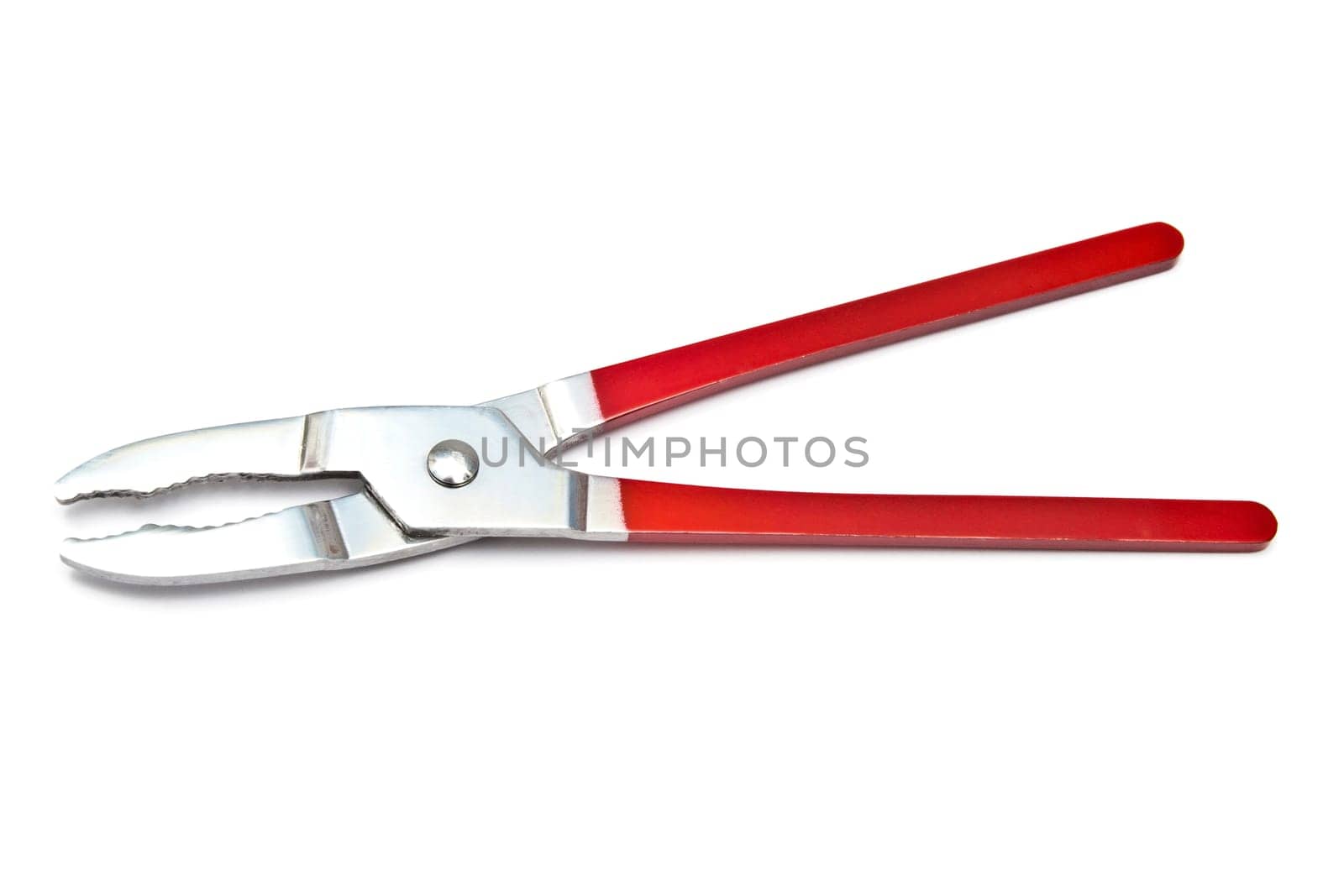 Red pliers closeup on white background