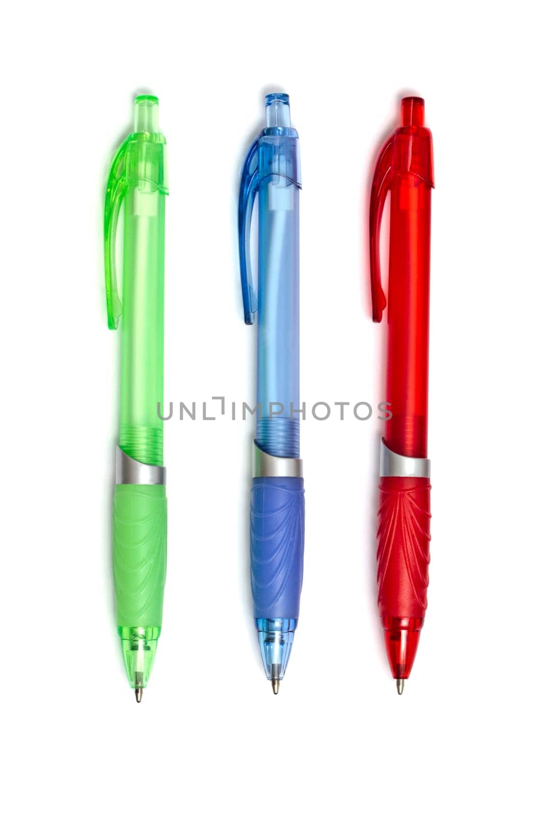 Colorful ball point pens isolated on white background