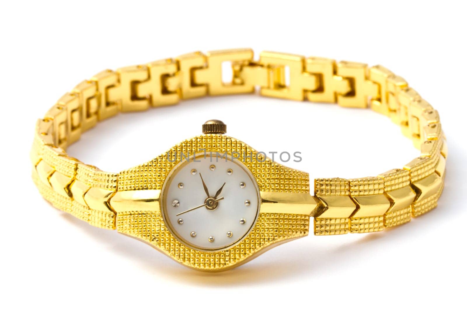 Woman golden wrist watch isolated on white background