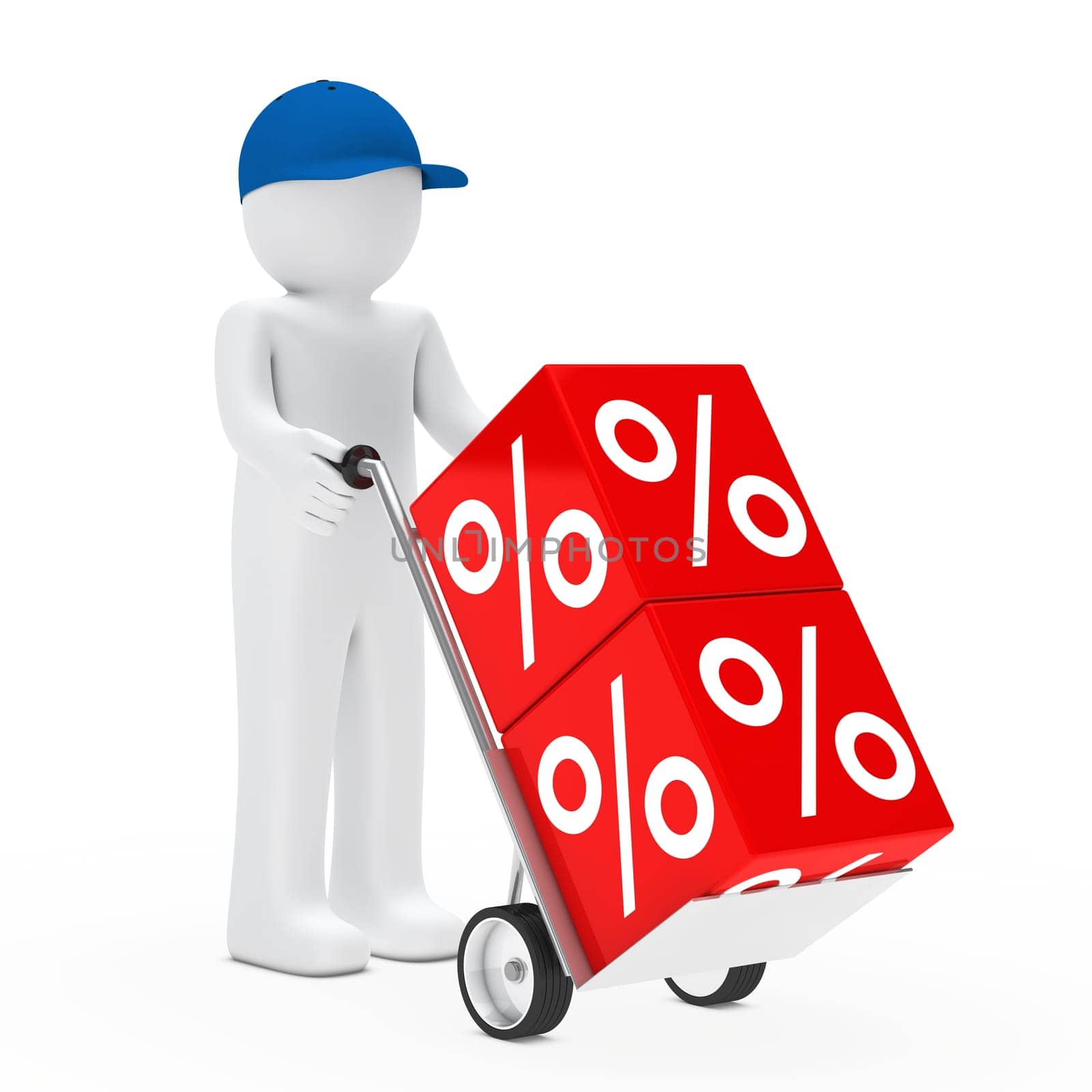 man hold hand truck with red cube