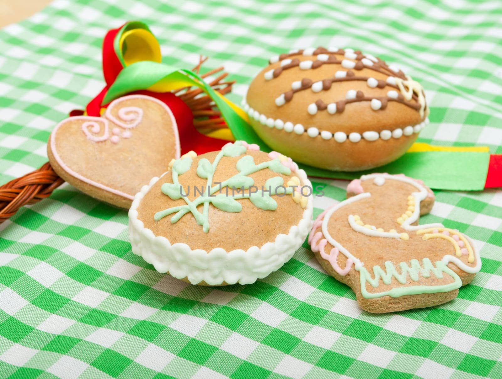 Homemade Easter Ginger Breads on Green Gingham Tablecloth