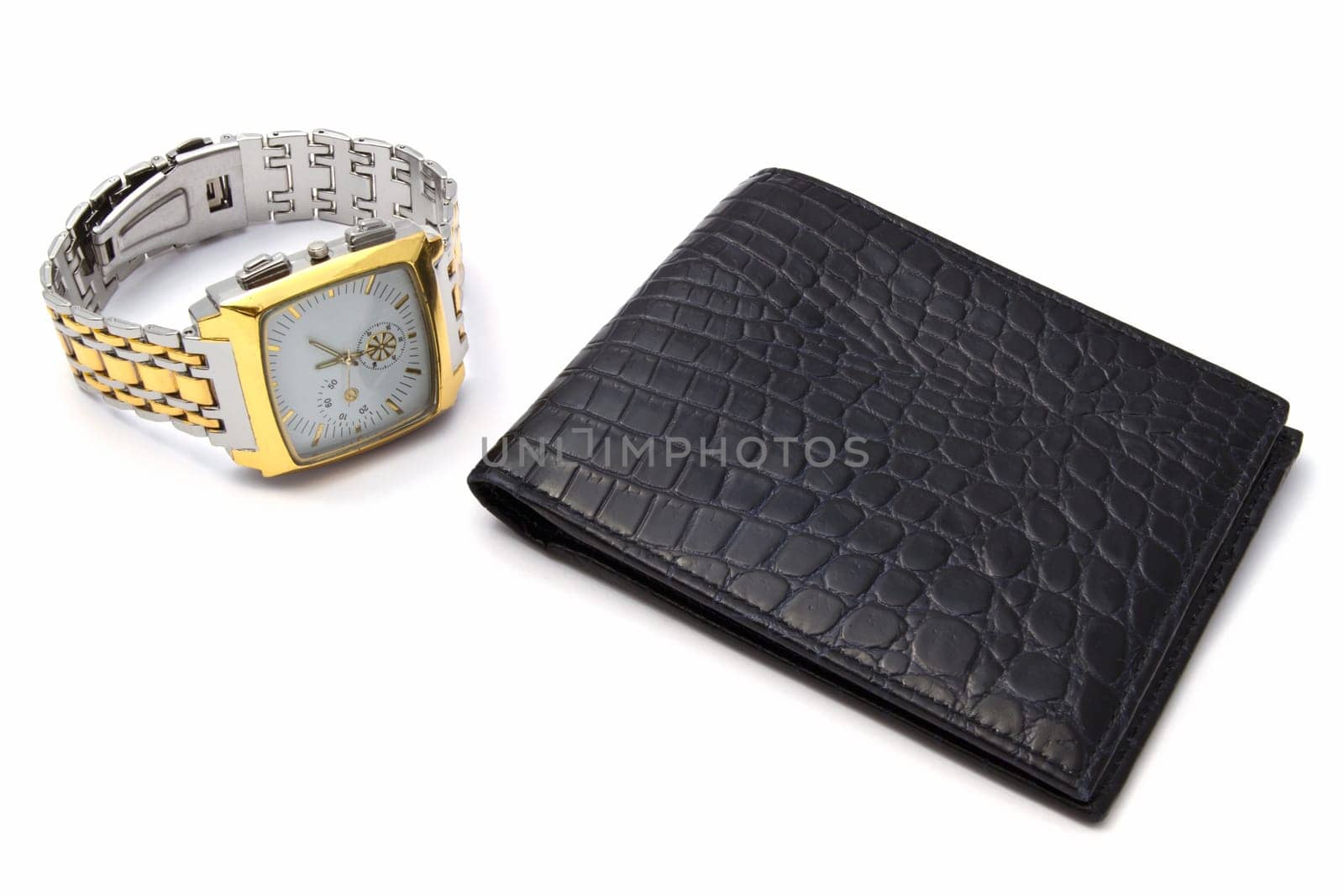 Fashion watch and wallet closeup on white background