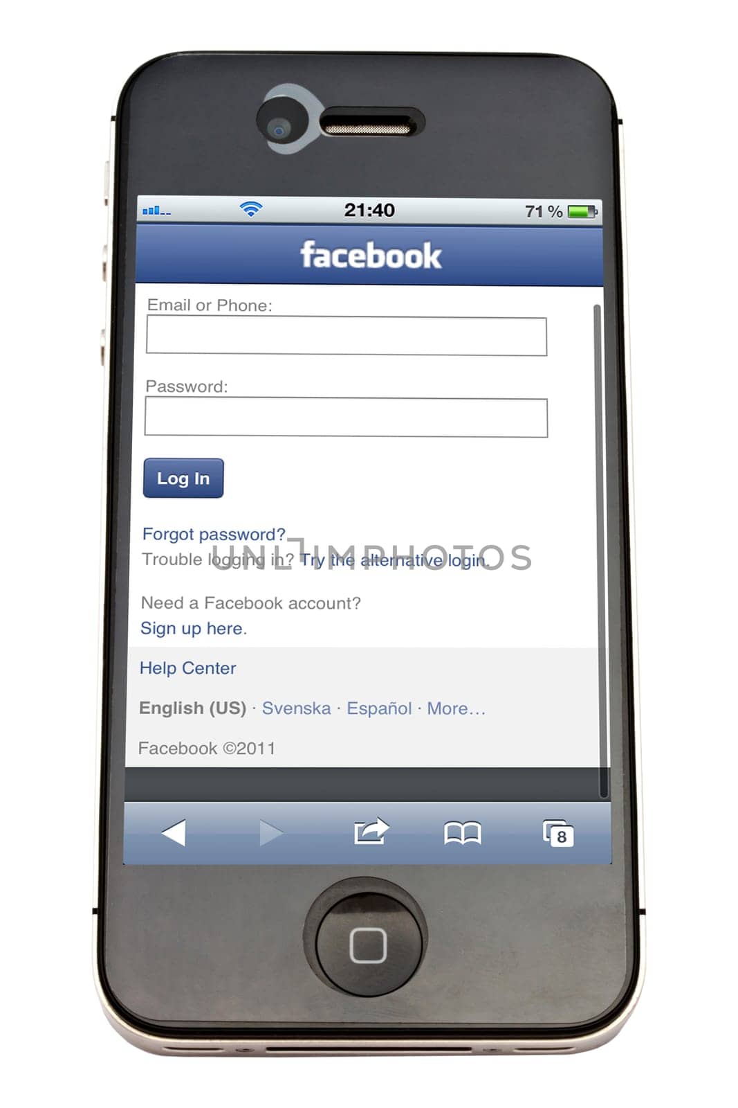 Facebook website display on iPhone 4s screen