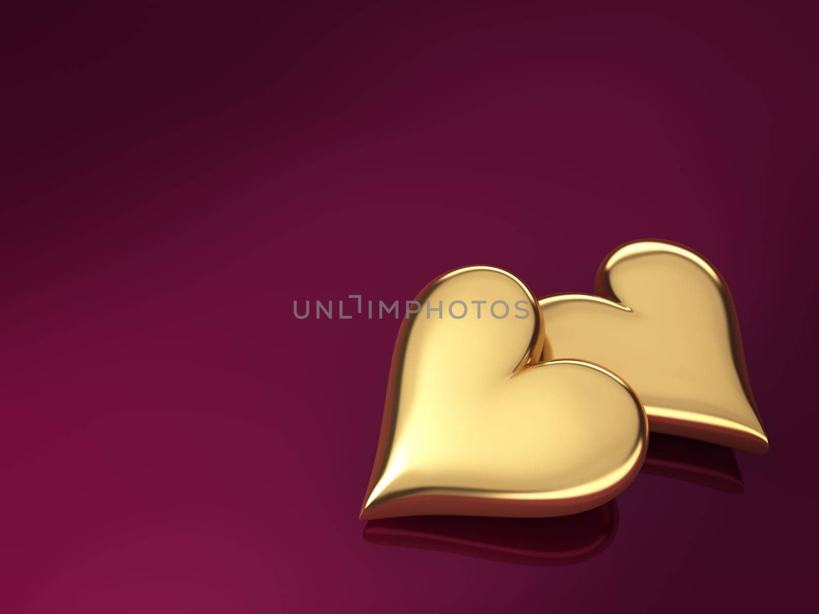 Two gold hearts on a violet background, 3d render