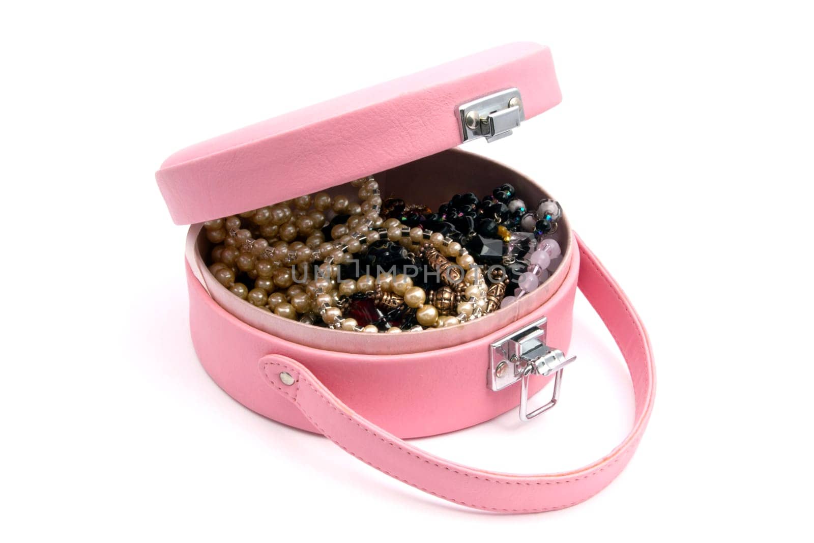Beautiful jewelry box closeup on white background