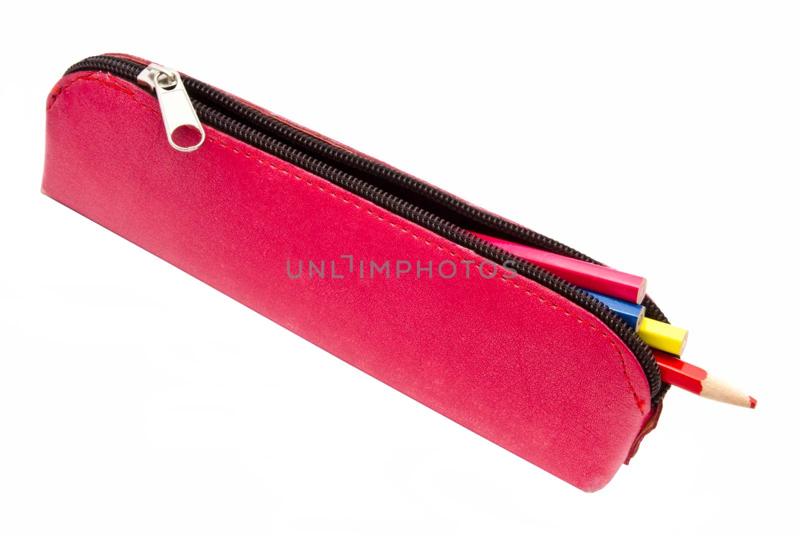 Red pencil case and penciles isolated on white background