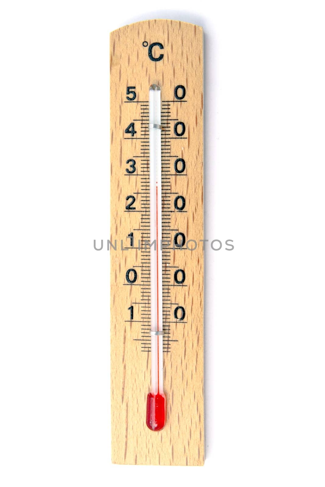 Wooden thermometer closeup on white background