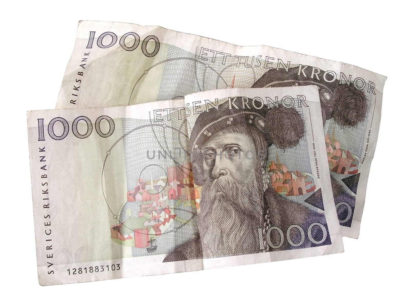 Swedish 1000 kronor closeup on white background.