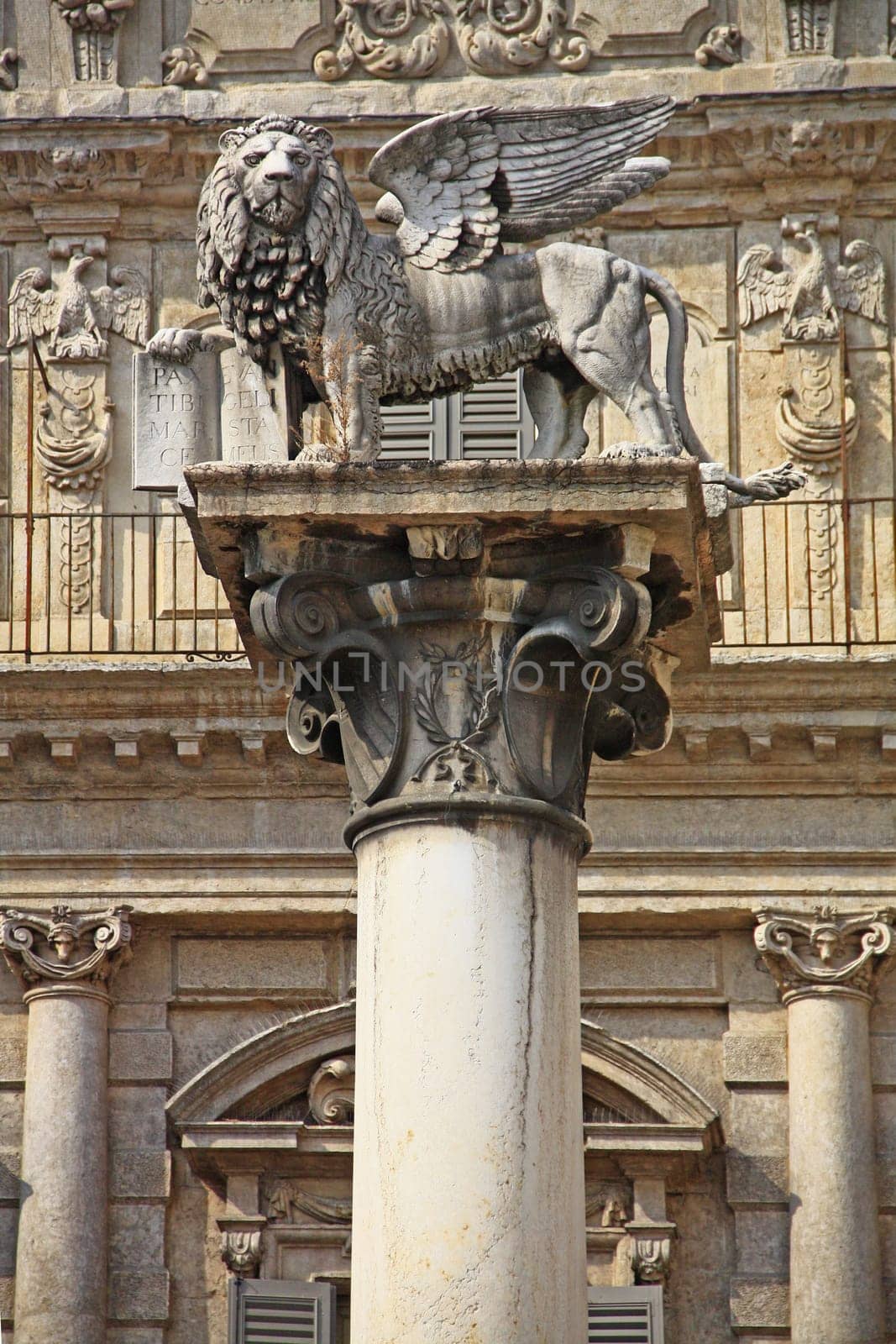 The Lion of St. Mark - here a symbol of Venice's rule - on a column in Piazza delle Erbe in Verona in front of Palazzo Maffei,Italy