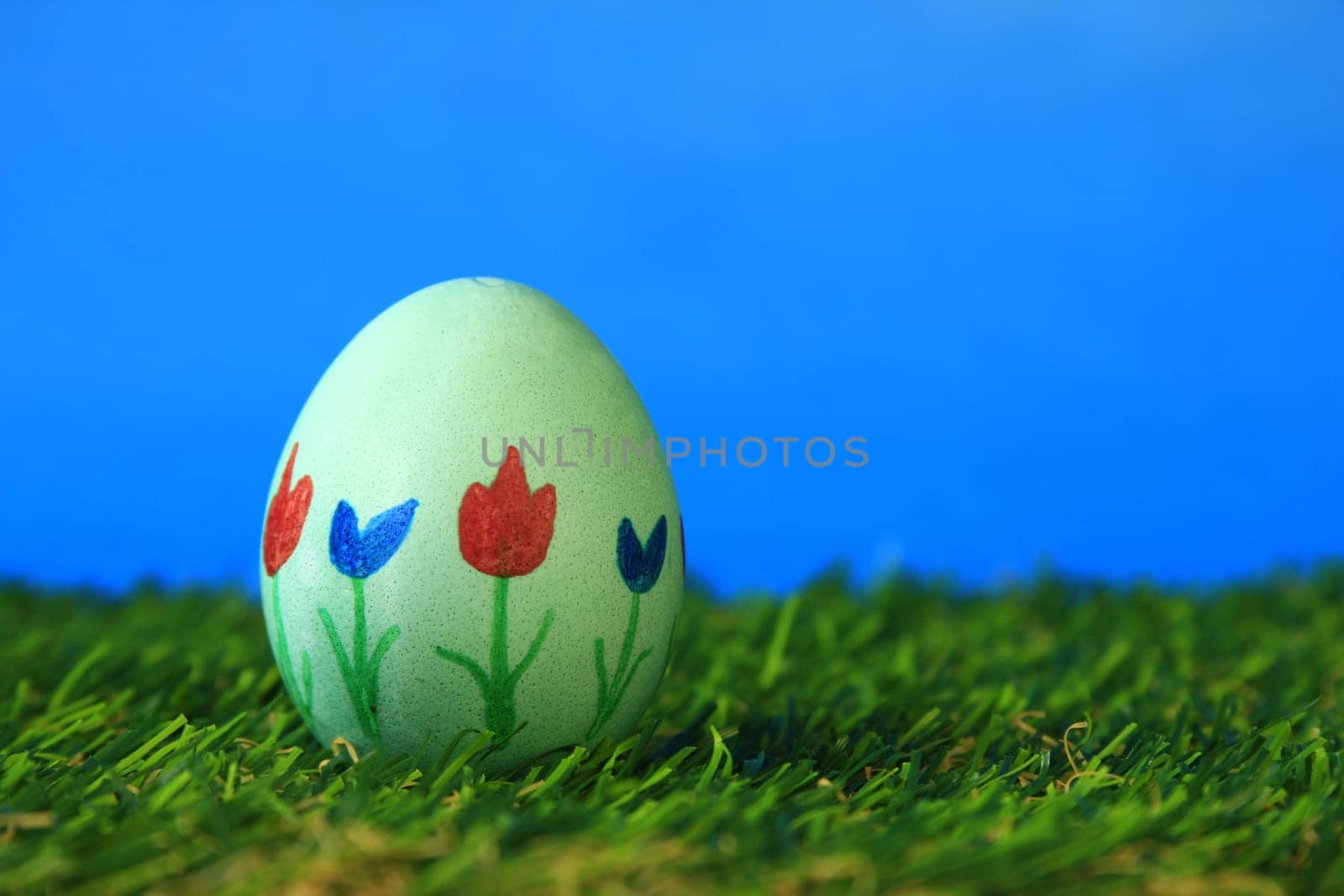 Easter decoration made of single,colorfully painted,Easter egg in green artificial grass