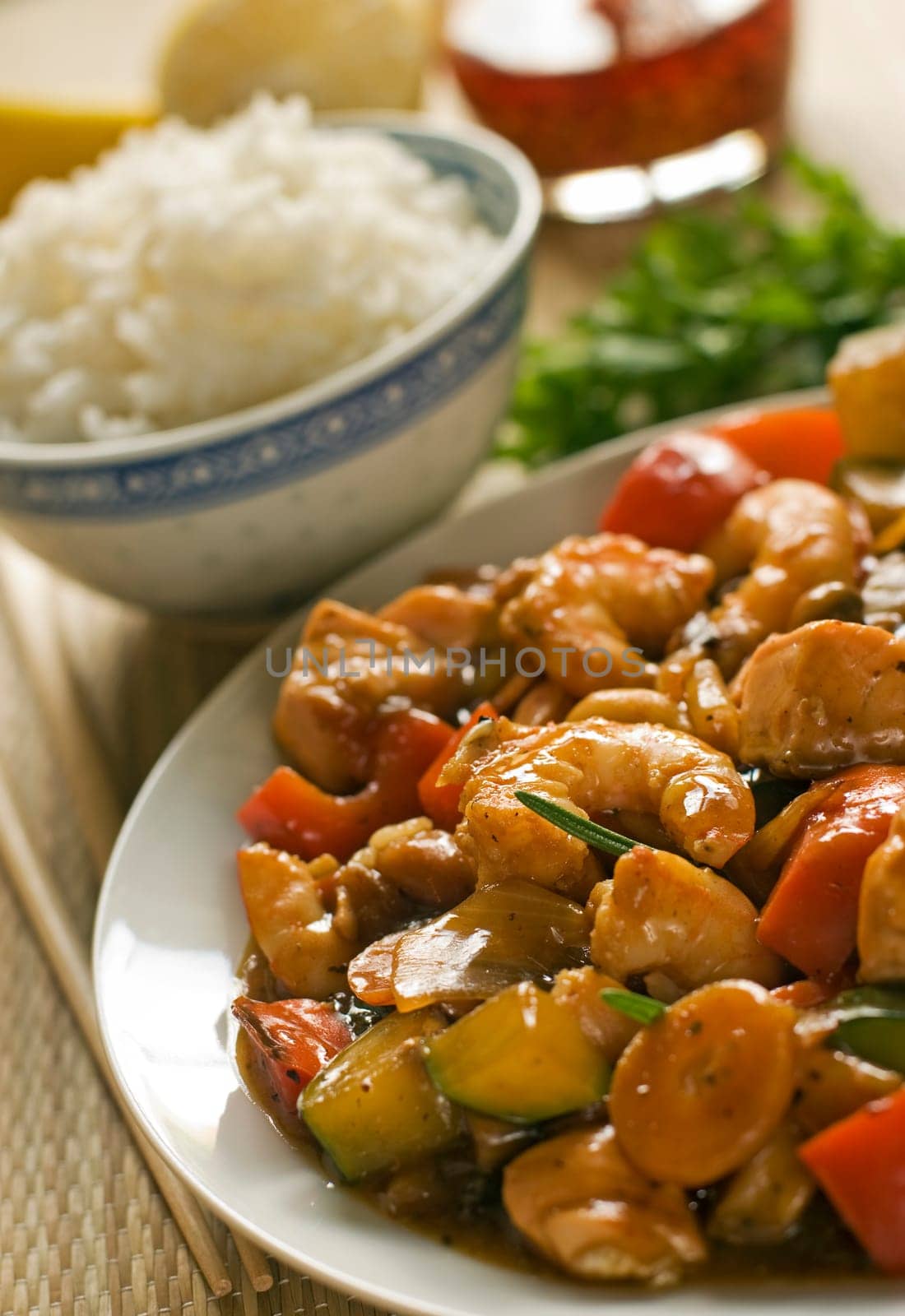 asian chop suey with salmon and prawn close up