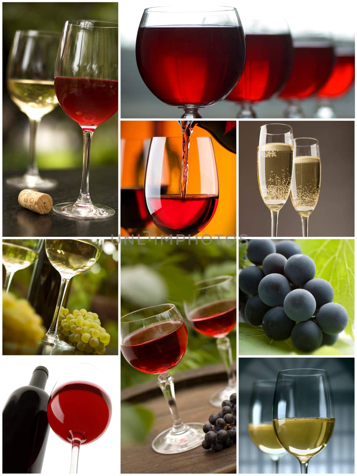 red and white wine collage made from nine photographs