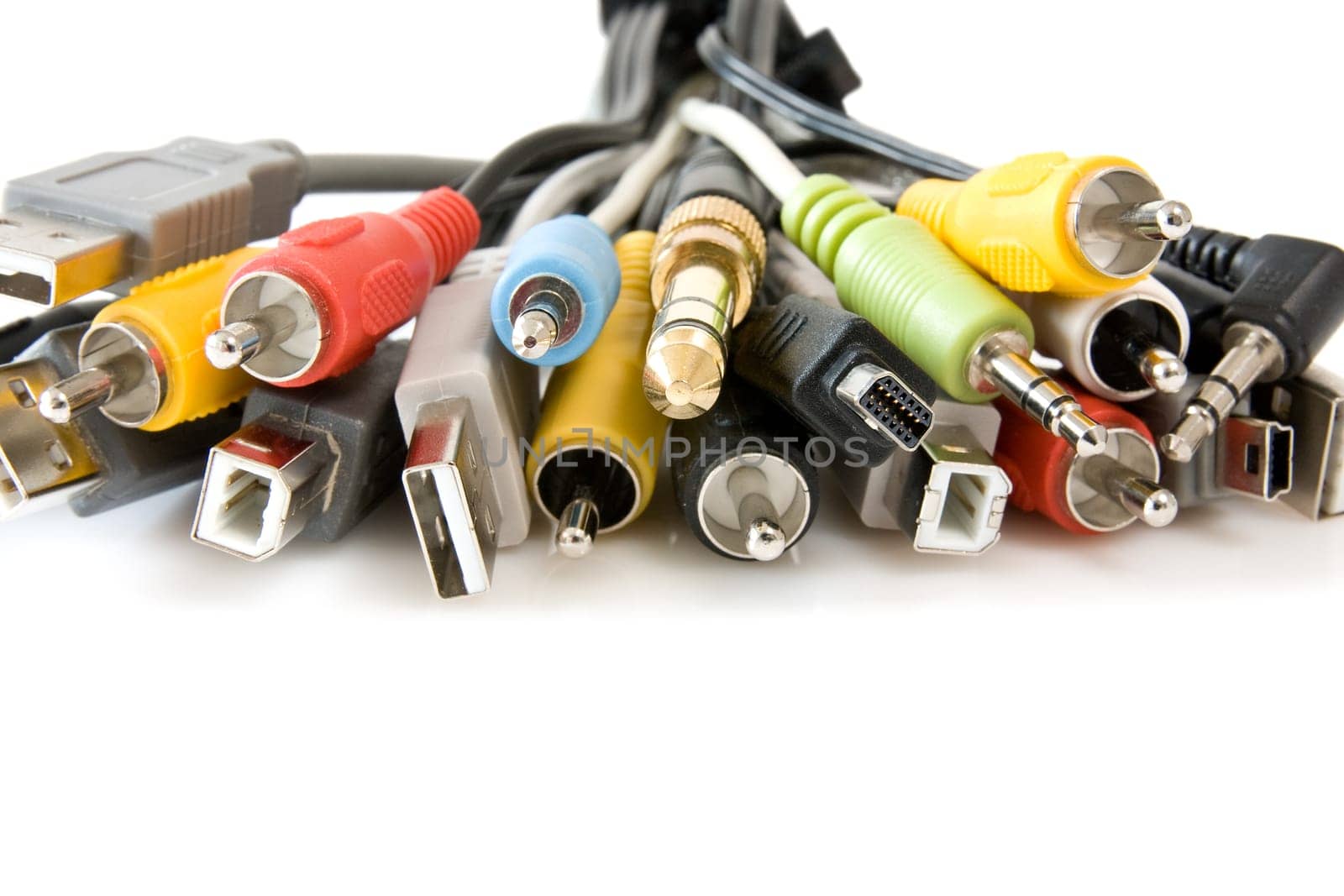 different cords and cables over a white background