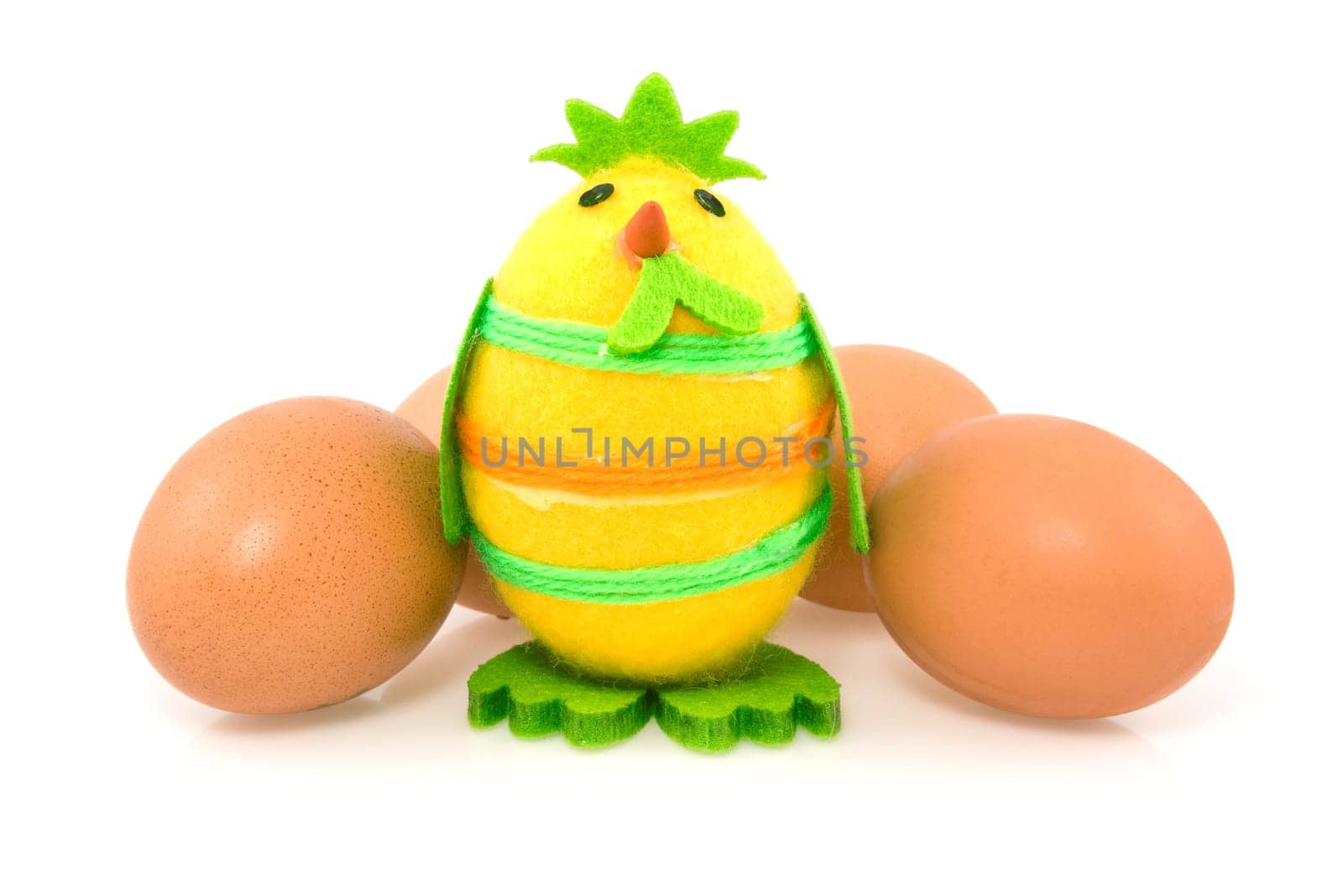 funny easter chick and brown eggs on white background