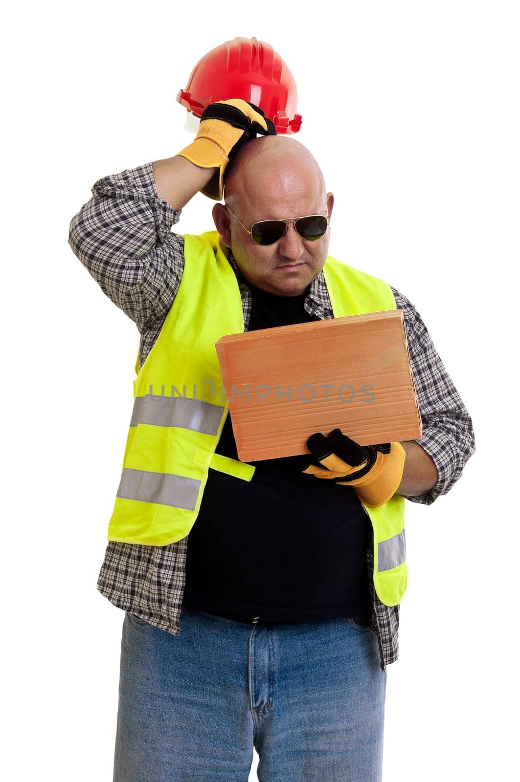 Plump construction worker isolated in white
