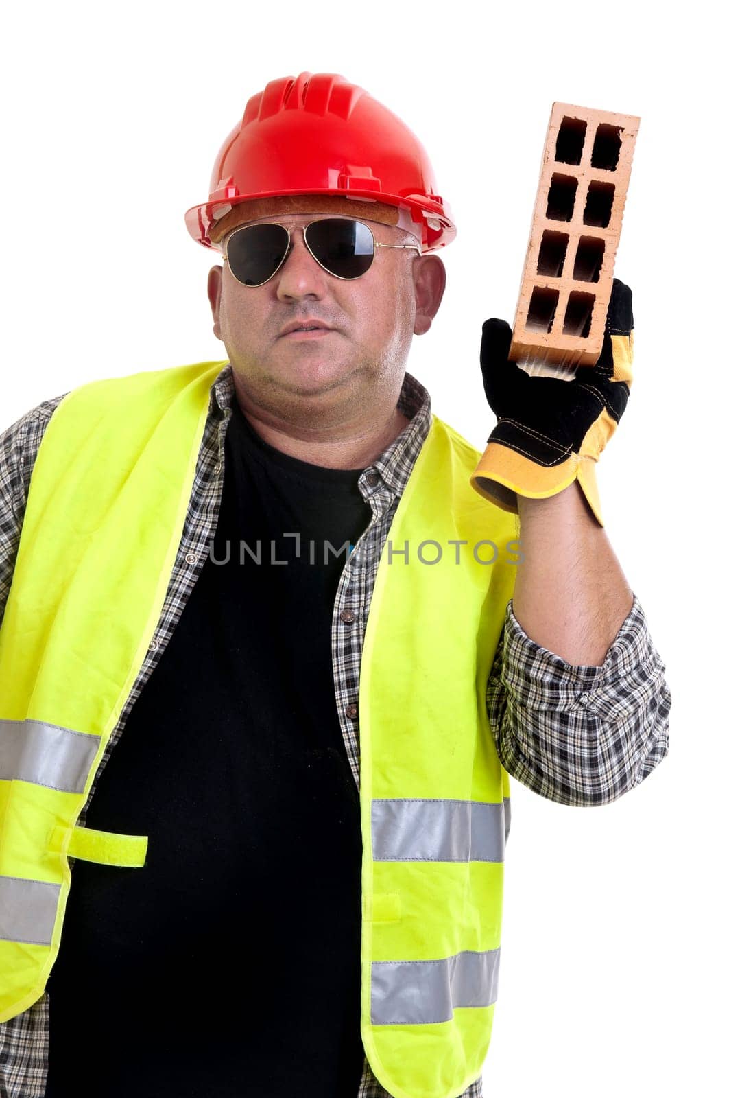 Plump construction worker isolated in white