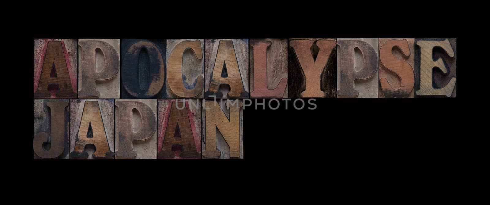 the words apocalypse Japan in old wood type