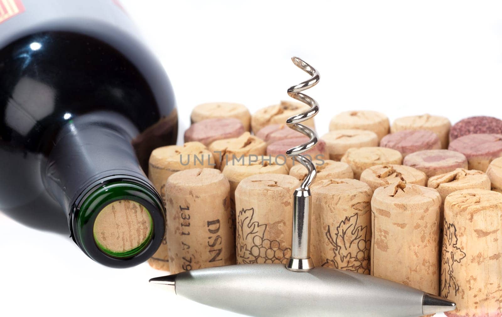 Corkscrew stands in front of wine cork