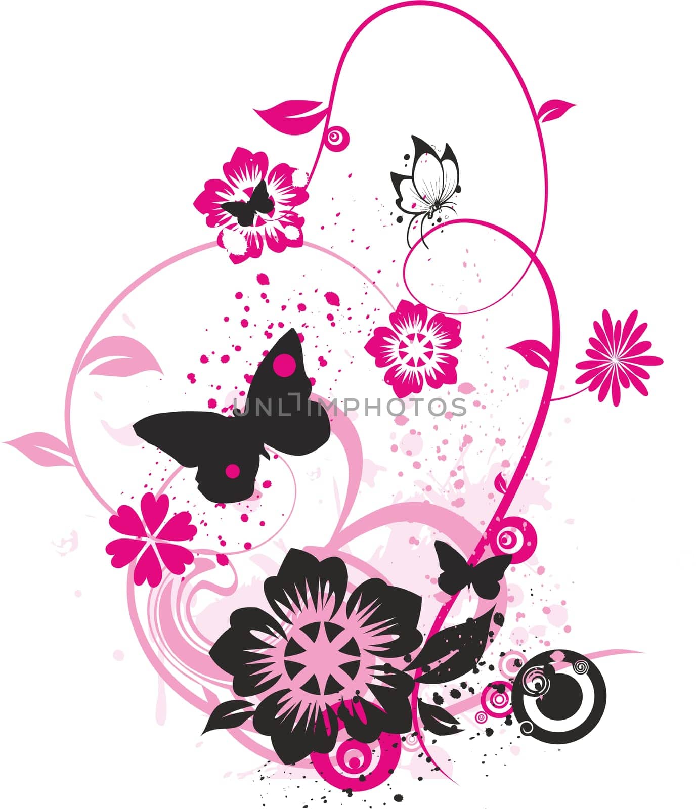 flowers and butterflies with pink circles