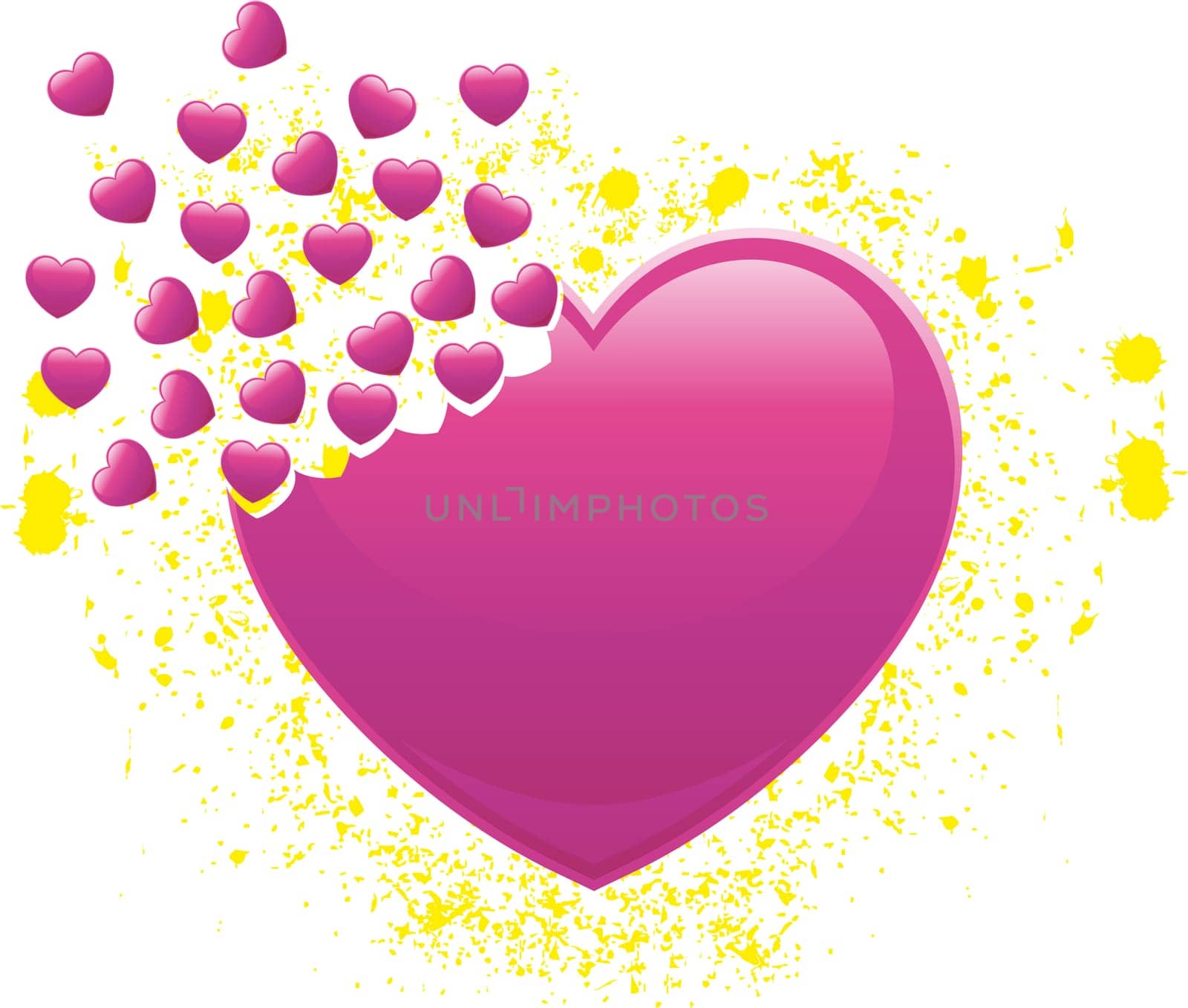 Heart that breaks up into many small hearts with splashes of yellow