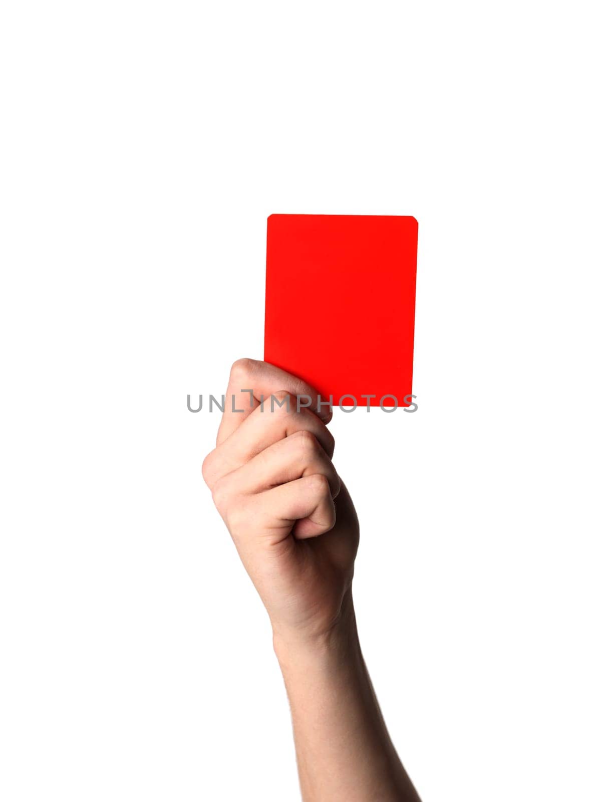 Hand holding up the Red Card isolated on white