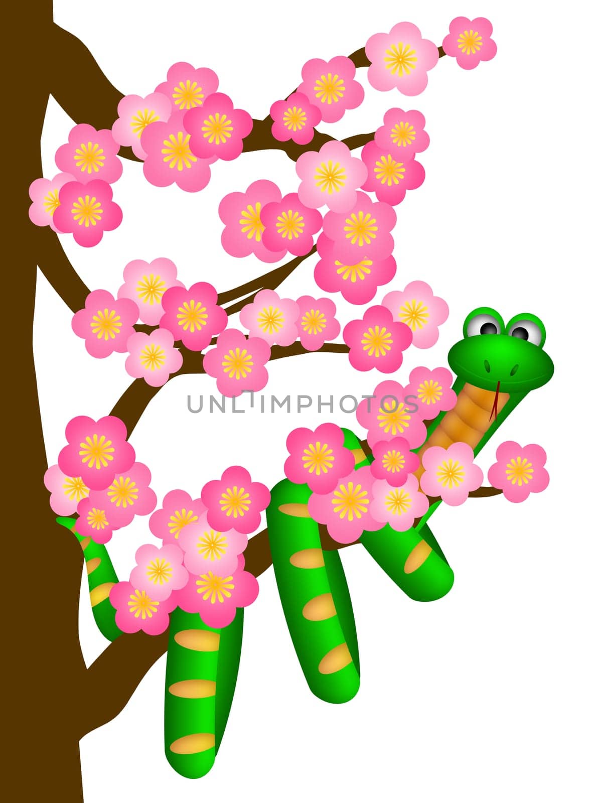 Chinese New Year Green Snake on Cherry Blossom Flowering Tree in Spring Illustration