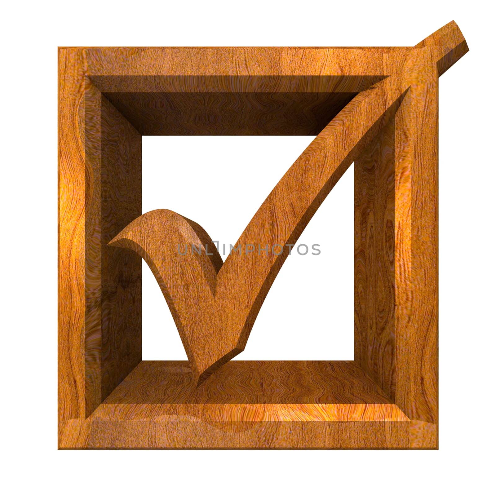 ok tick in wood isolated - 3D made