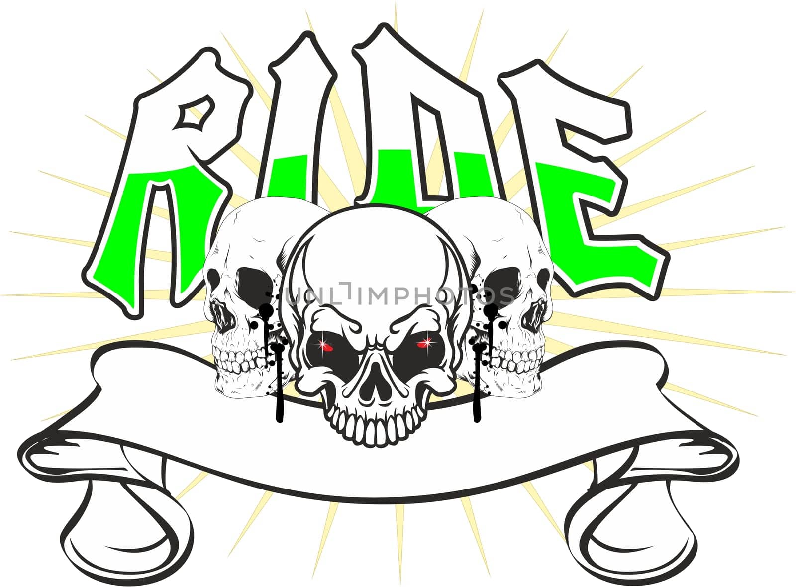 three skulls with a banner in a more pointed star and the word ride