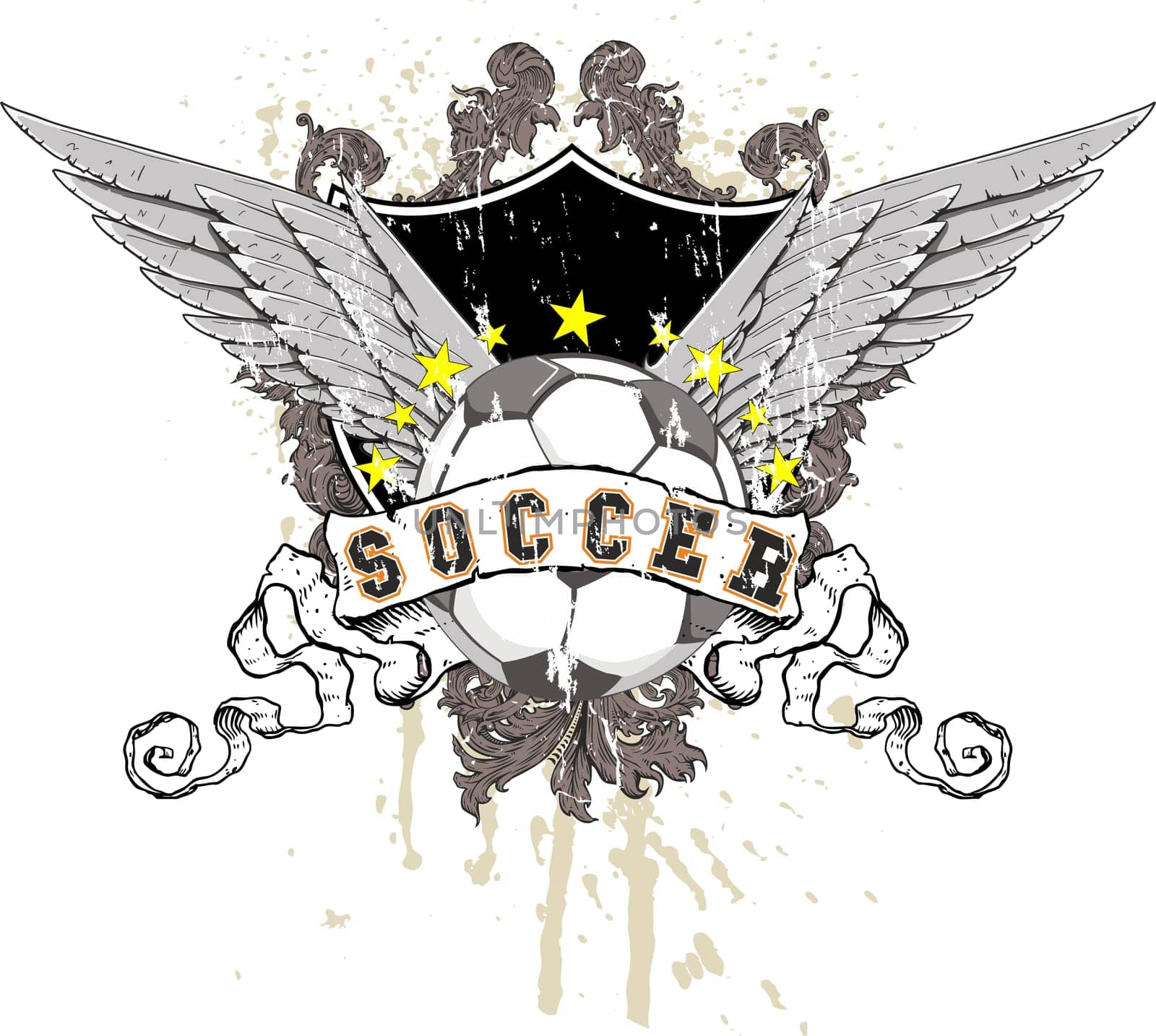 soccer ball with wings, a shield in the background with decorations and splashes of paint. Above the ball a row of stars