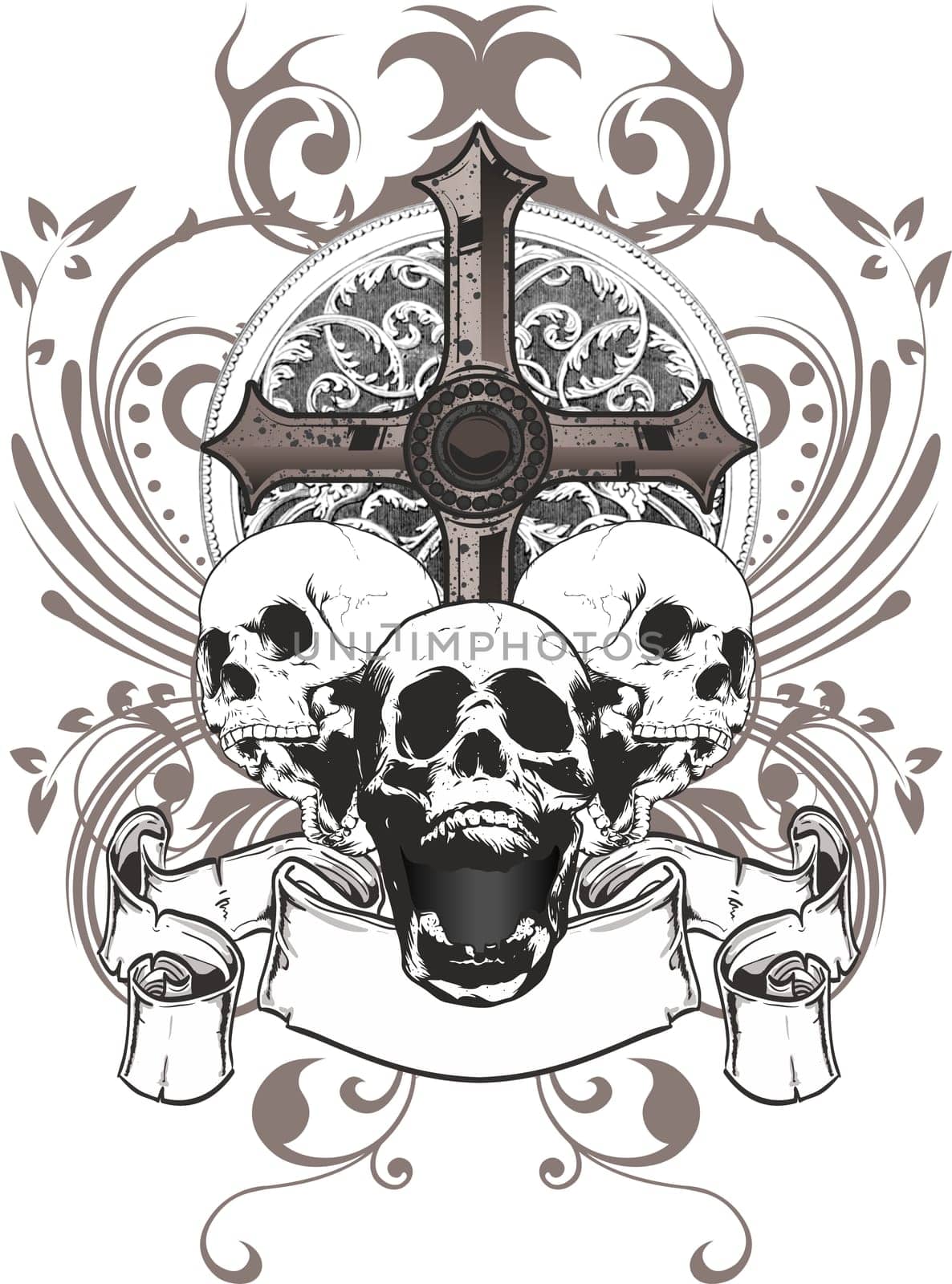 three skulls with a cross and a coat of arms surrounded by floral ornaments