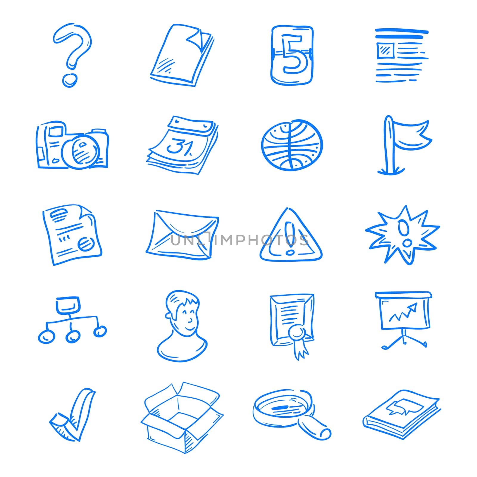 Handdrawn blue web icon set on white background