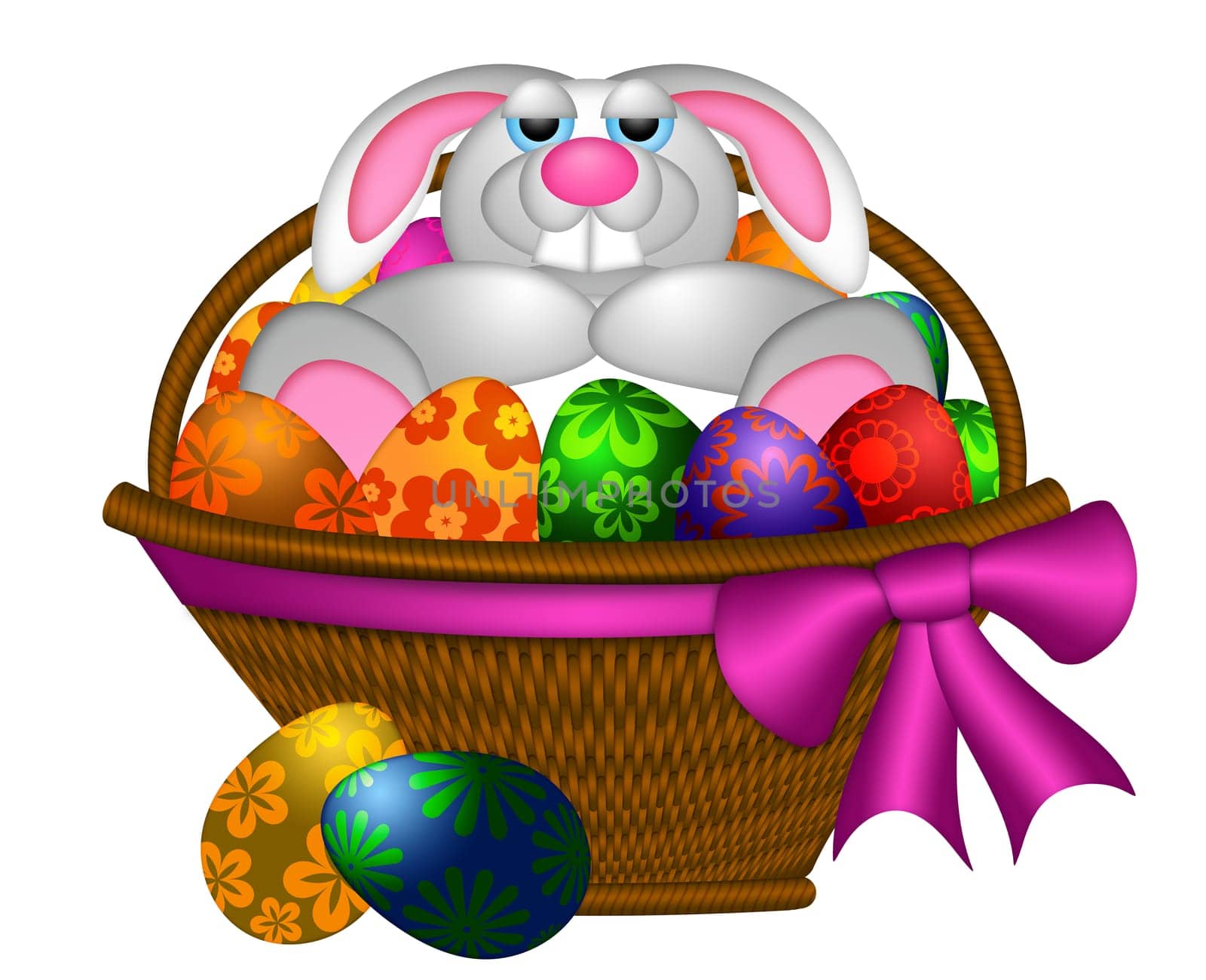 Cute Happy Easter Bunny Rabbit Laying Inside Basket of Colorful FLoral Pattern Eggs Illustration Isolated on White Background