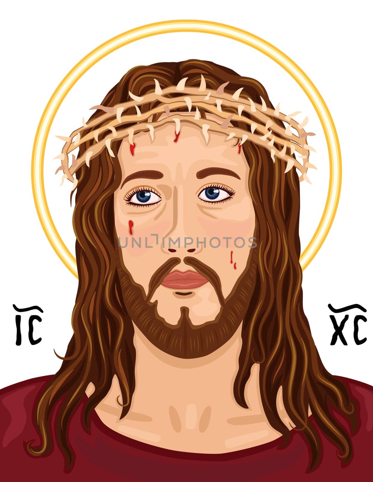 Religious Icon - portrait of Jesus Christ wearing the crown of thorns. With Greek sacred Christogram, isolated over white background.