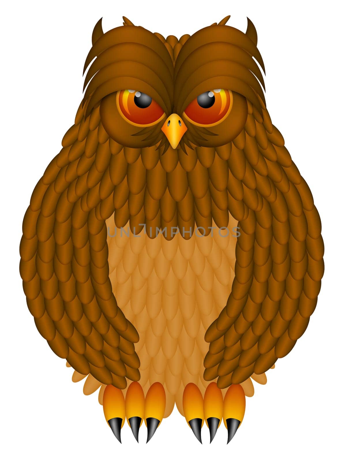 Brown Horned Owl with Feathers and Claws Illustration Isolated on White Background