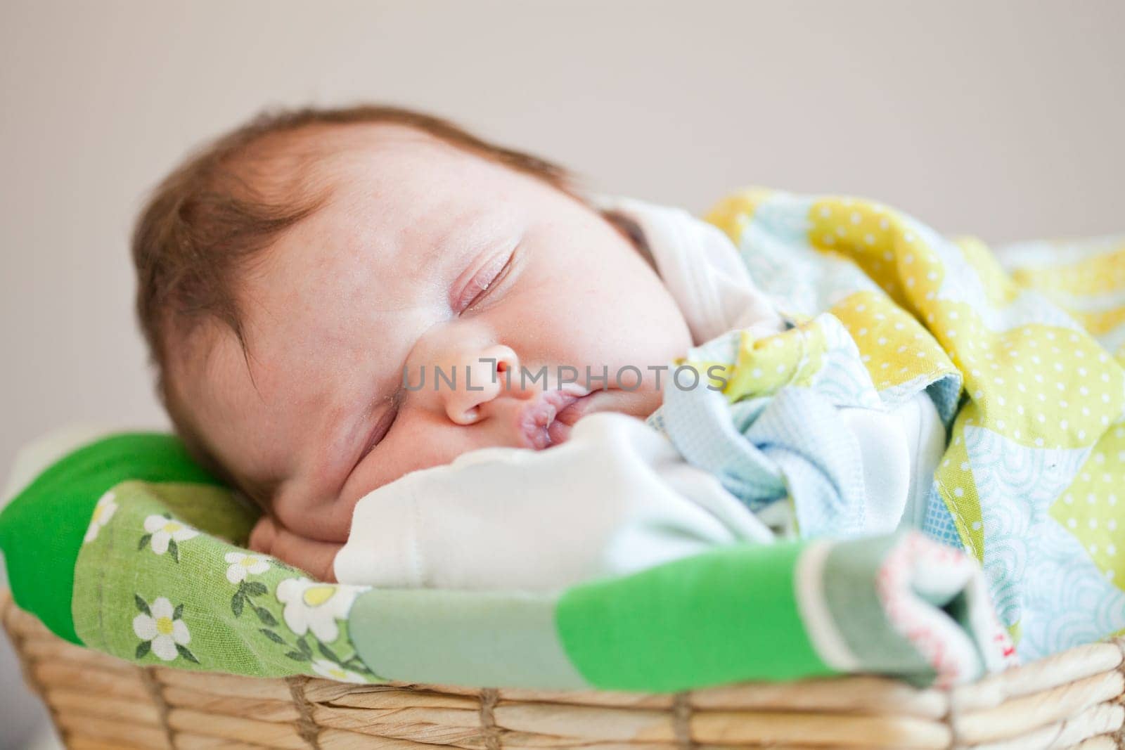 Portrait of a cute newborn baby girl sleeping in a basket