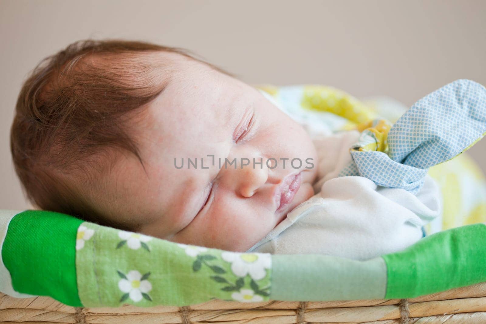 Portrait of a cute newborn baby girl sleeping in a basket