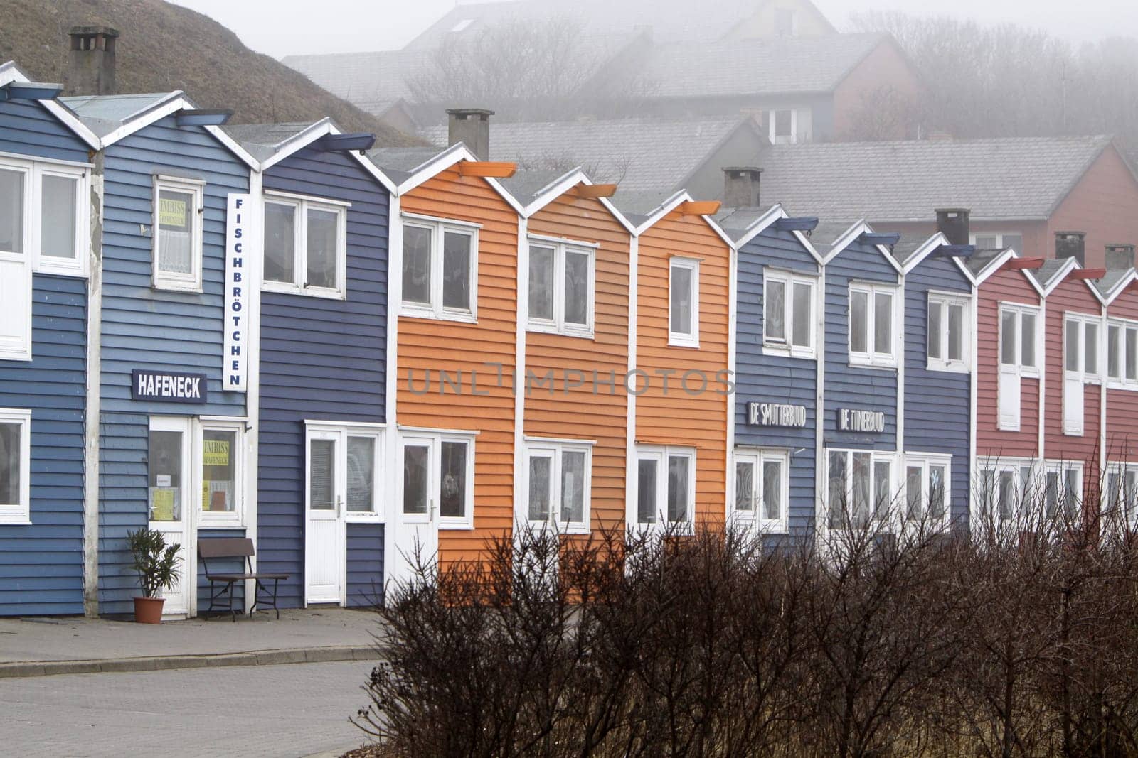 Lobster shacks on Heligoland in the fog