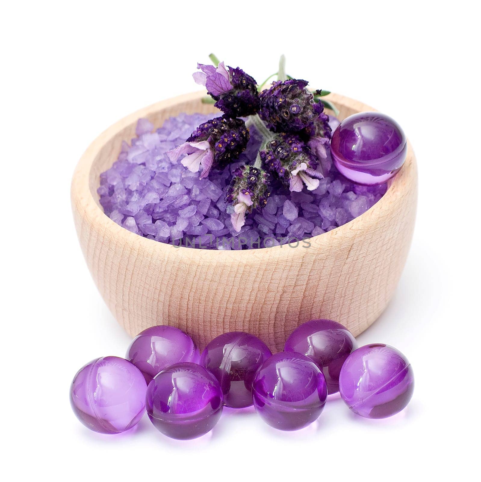 Spa essentials (bath salt, oil pearls and flowers of lavender)