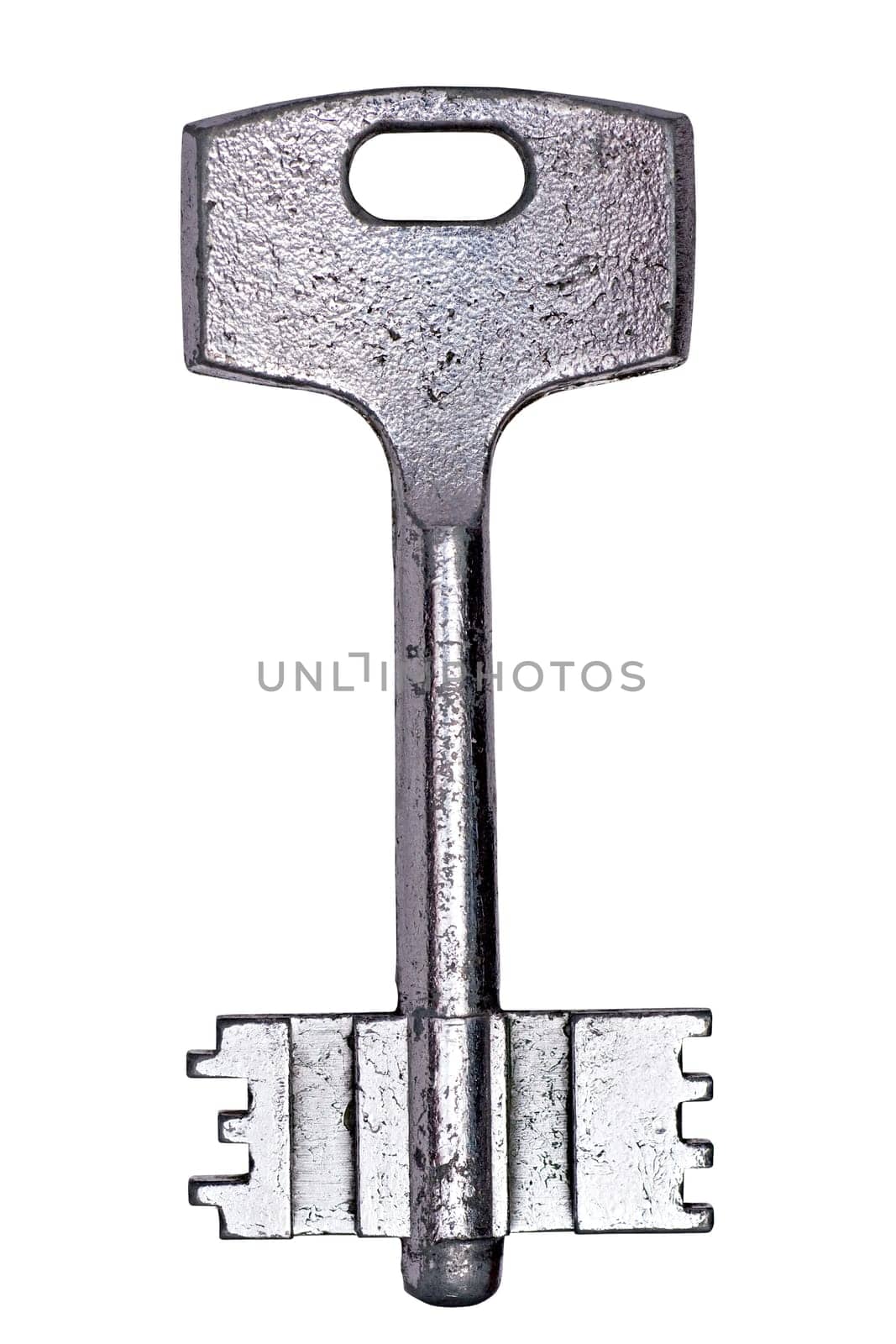 Macro view of an silver key, isolated on a white background