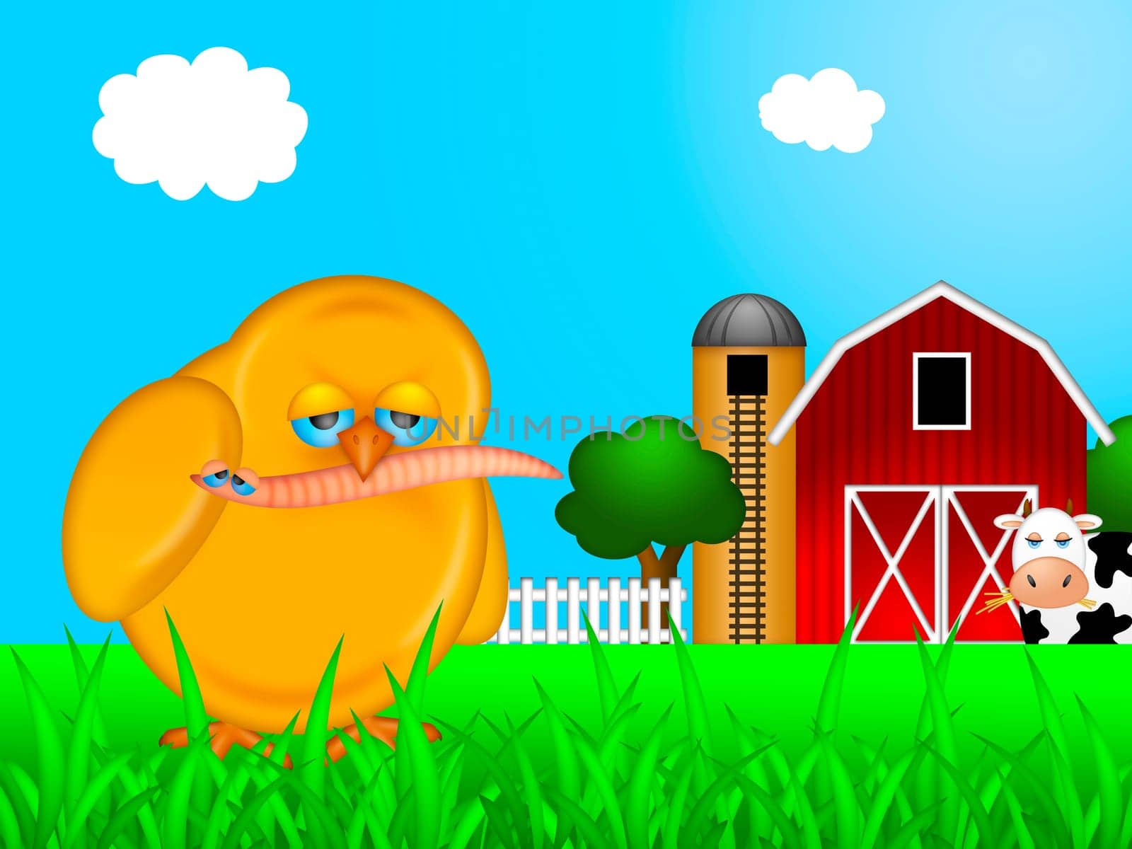 Chick Eating Worm on Farm with Red Barn and Silo with Cow Illustration
