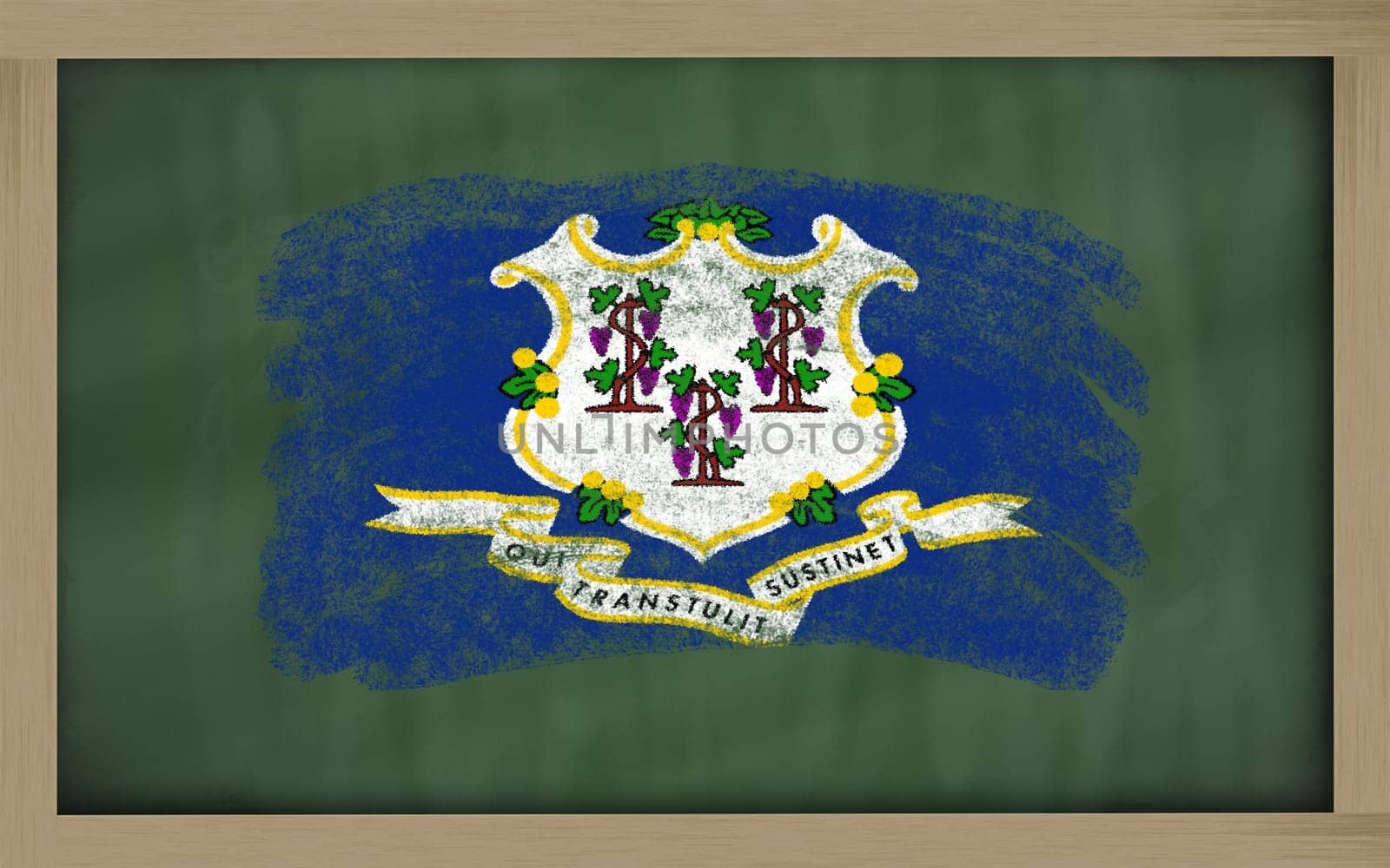 Chalky american state of connecticut flag painted with color chalk on old blackboard