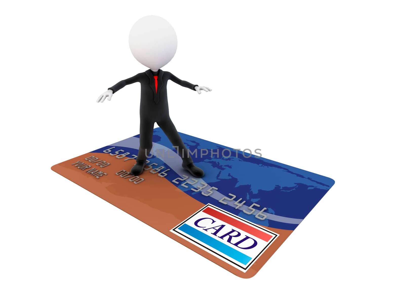3D Businessman is surfing on a credit card and goes shopping